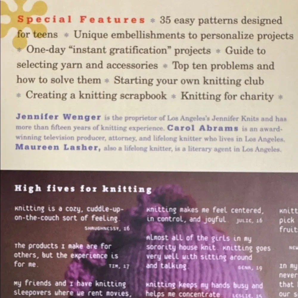 Teen Knitting Club Book by Jennifer Wenger, Carol Abrams, Maureen Lasher